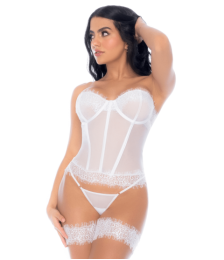 Ensemble 4 pièces blanc, bustier, string et 2 jarretières - MAL8933WHT
